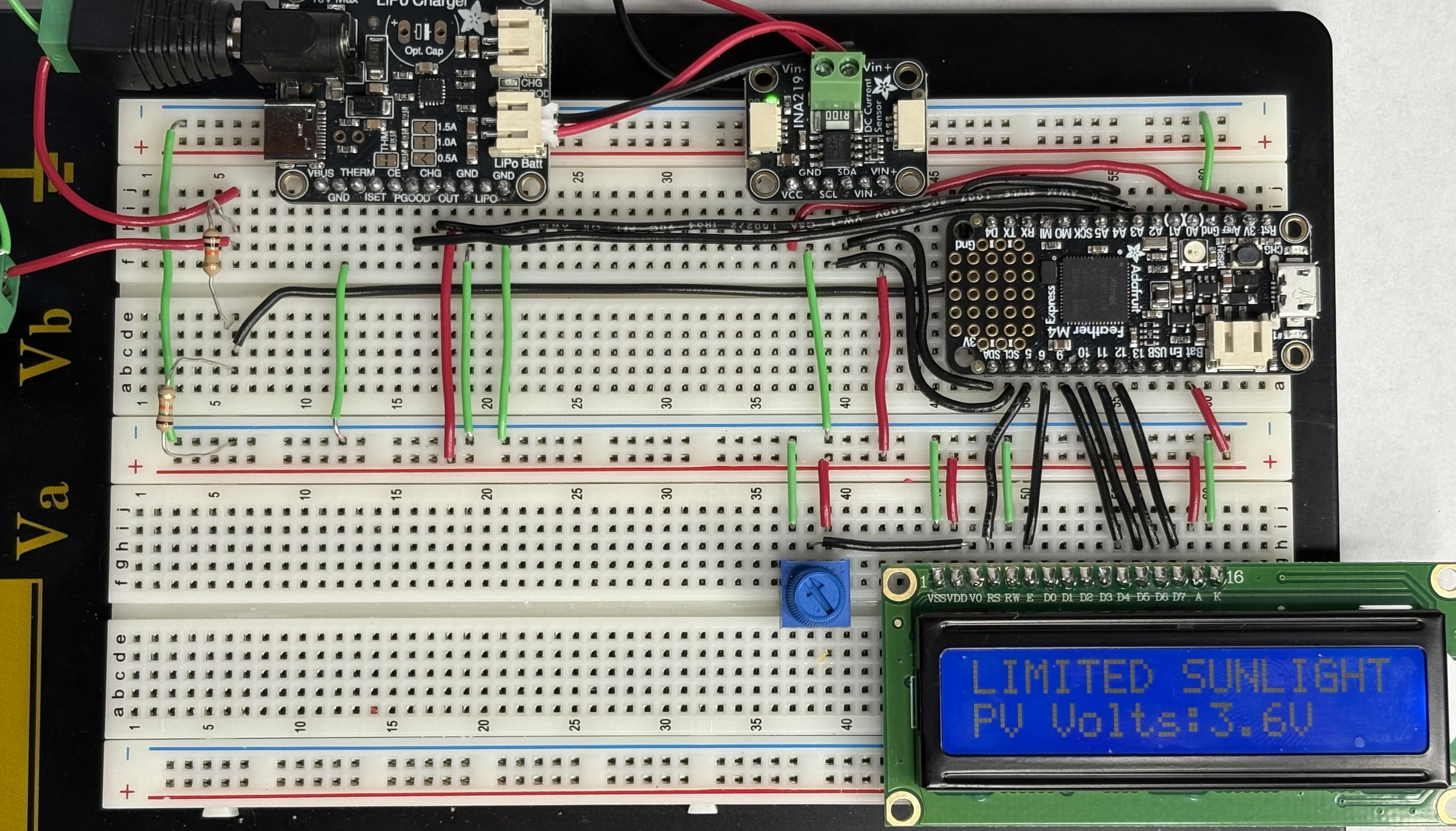 Close-up of the breadboard wiring and components