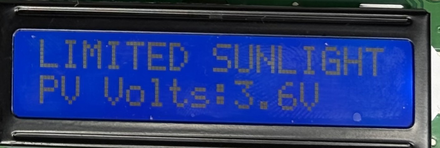 LCD displaying system status and panel voltage under limited sunlight